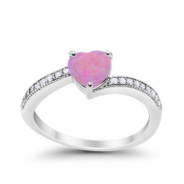 Heart Promise Ring Lab Created Pink Opal 925 Sterling Silver